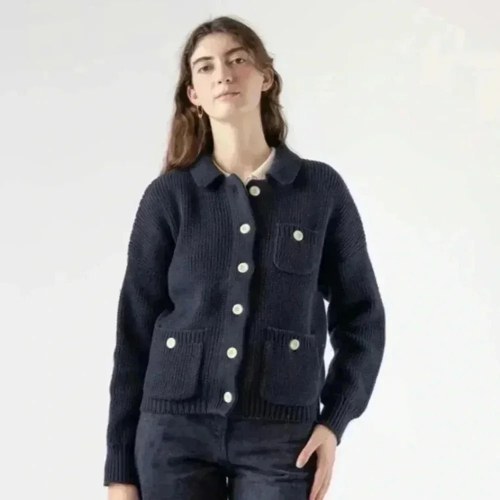 J. Jill Sweater Large Long Heavy Chunky Knit Navy Dark Blue Boxy Chic - Picture 2 of 7